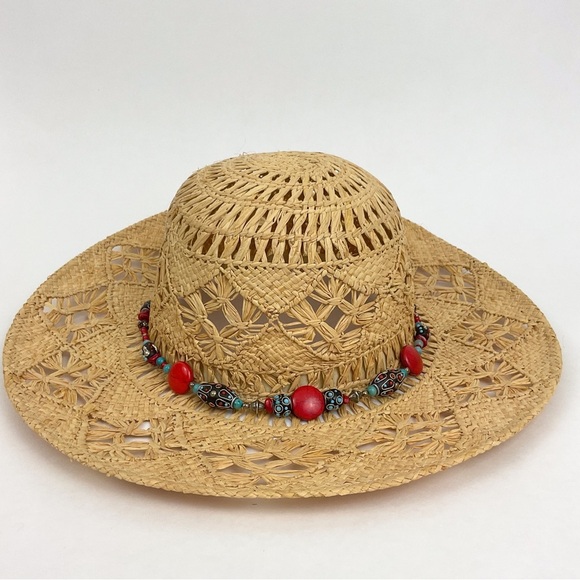Vintage straw open weave sun hat with custom beaded band M/L beach resort wear - Picture 3 of 12